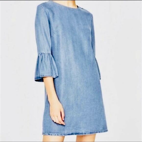 Zara Woman Premium Denim Coll Shift Mini Bell Sleeve Blue Chambray Dress XS - Picture 1 of 4